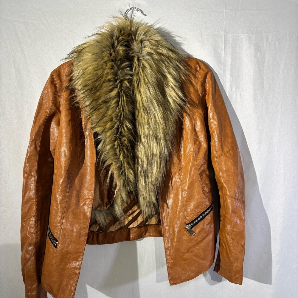 Tart Collections Leather Jacket with Faux Fur Collar - Tan